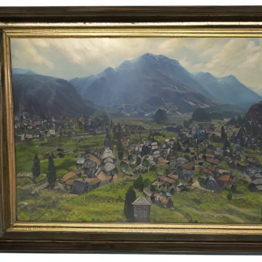 Image similar to the town of whiterun, oil painting