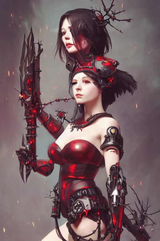 Image similar to Portrait of beautiful pale smiling anime cyborg gothic maiden in bikini armor with crown of thorns and glowing red eyes, steampunc, Warhammer 40000, digital art from artstation by Ruan Jia and Mandy Jurgens and Artgerm and william-adolphe bouguereau