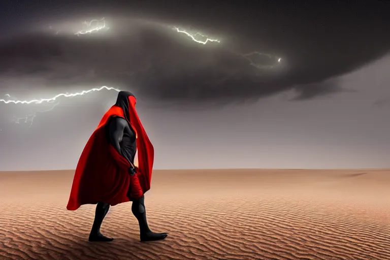 Image similar to guy with a cape being pushed back by the wind on a desert, thunderstorm, side view, wind, 8 k, ultra detailed, award winning, trending on artstationhd, epic, dramatic, cinematic,,