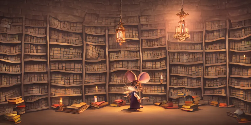 Prompt: vast library, cute chibi rat wizard, wizard hat, old wizard robe, big bookshelves, 3 d sculpture, 3 d cg, pixar, cel shading, celestial, majestic, cinematic light, candles, chandelier, lanterns, soft light