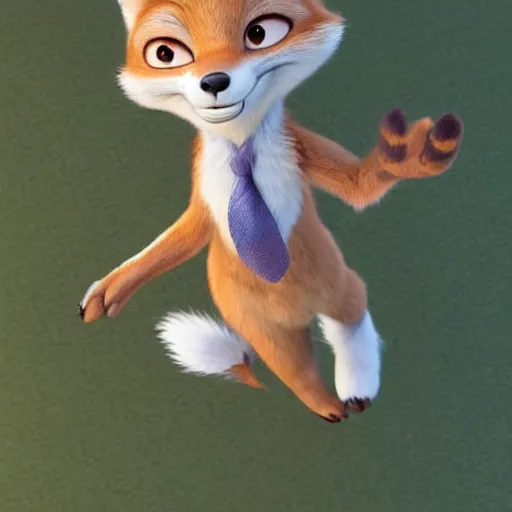 Image similar to full body shot of a anthropomorphic female fox with short white fur covering her body in the style of zootopia, far shot, top down view