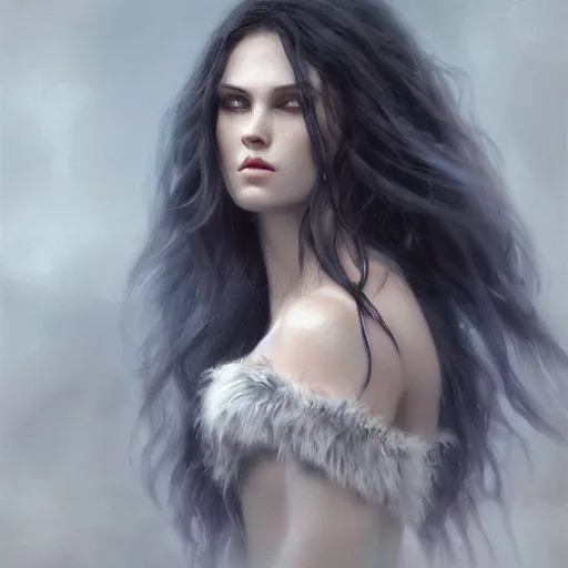 Image similar to a portrait of a ice queen with long dark curly hair and red eyes, stoic, pale skin, alone dramatic, epic painting, painted by artgerm and wlop, cgsociety, beautiful, artbreeder, artstation, octane render, sharpness, 8 k, golden ratio