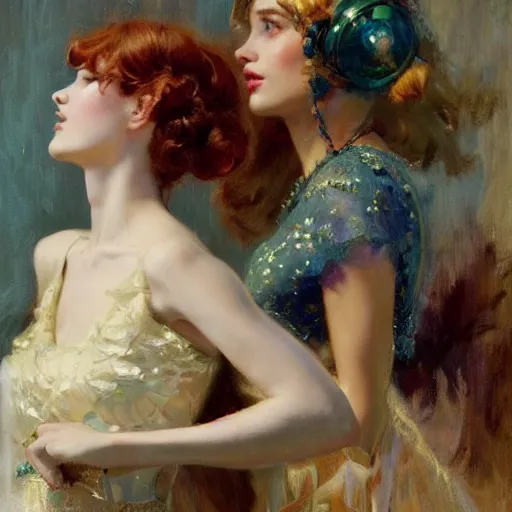 Image similar to a high fashion studio portrait showing effects of social media on teenage girls, painting by gaston bussiere, craig mullins, j. c. leyendecker, dior campaign