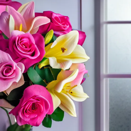 Image similar to studio photo of a bouquet of different shades of pink roses and lilies. window sun reflected in a light yellow background. amazing photography and lighting, bokeh,