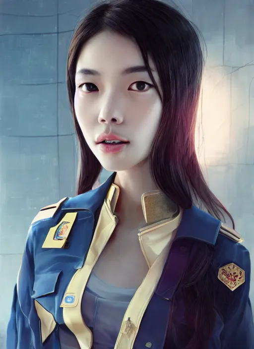 Image similar to portrait of angelababy, futuristic hong kong police uniform girl, au naturel, hyper detailed, digital art, trending in artstation, cinematic lighting, studio quality, smooth render, unreal engine 5 rendered, octane rendered, art style by klimt and nixeu and ian sprigger and wlop and krenz cushart