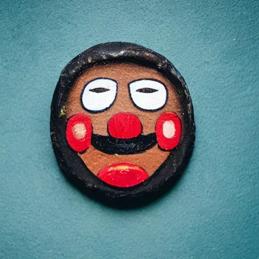 Prompt: ancient clown emoji on display