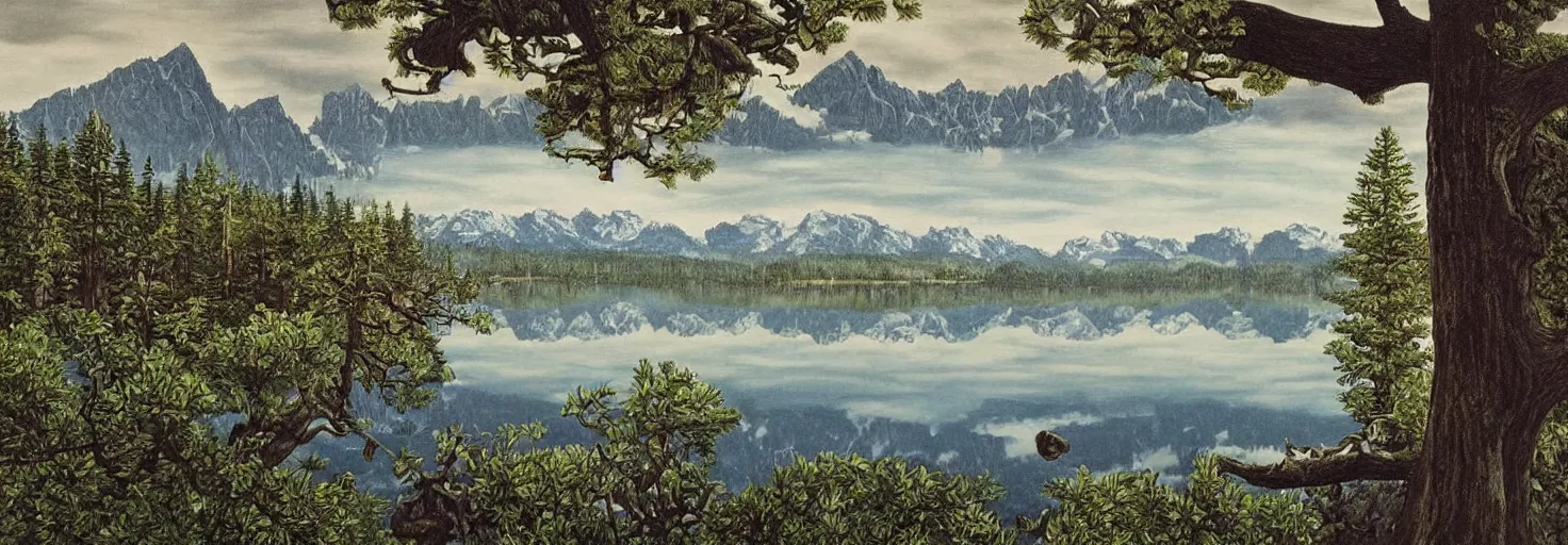Prompt: escher painting of a lake, big trees reflecting on lake surface, mountains at background, snowy, ultra sharp, ultra detailed, colorized by salvador