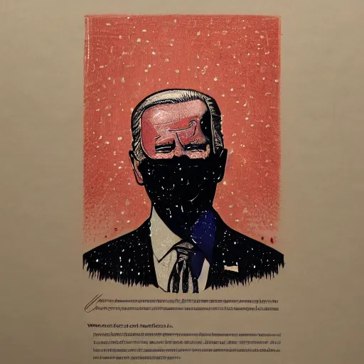 Image similar to Woodcut portrait of joe biden by falling into the stars greg rutkowski, 4k, intricate details