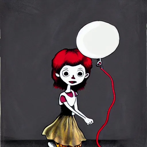 Prompt: grunge cartoon painting of a little girl playing with a jump rope with a wide smile and a red balloon by chris leib, loony toons style, pennywise style, corpse bride style, horror theme, detailed, elegant, intricate