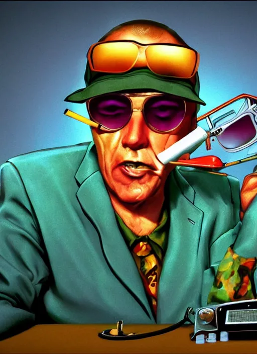 Image similar to Fear & Loathing in Las Vegas style movie poster artwork, Rendering of Hunter S Thompson talking on a rotary telephone at his desk late at night smoking a cigarette with a long filter and wearing a green accountants visor, clean, full of detail, Matte painting, trending on artstation and unreal engine