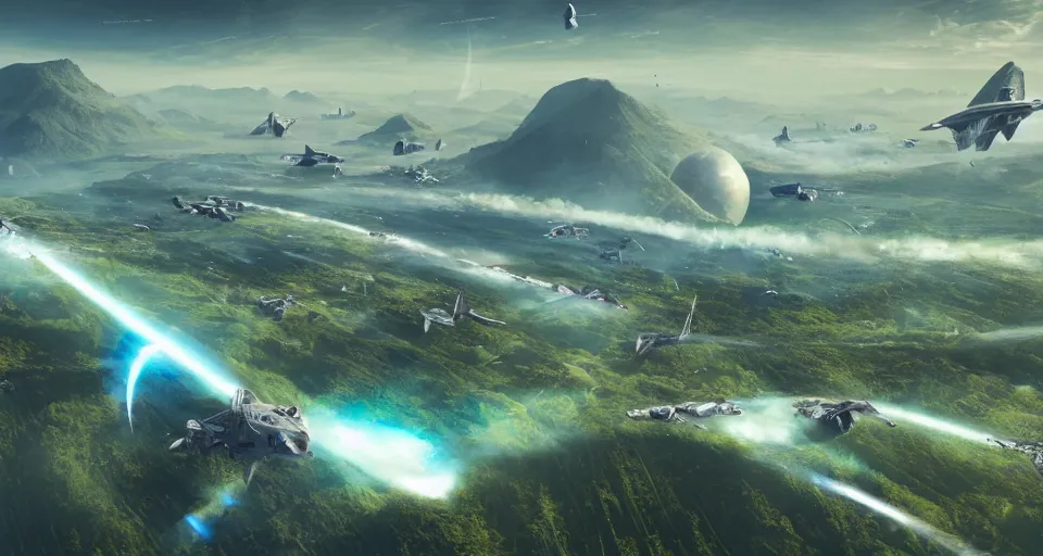 Prompt: a hundreds of passenger spaceships in formation migrating landing on new lush green beautiful heavenly planet and build a colony, concept art, high detail, intimidating, epic scale ultrawide angle, stunning, epic, great migration, cinematic, Artstation trending, octane render, hyperrealistic, Cryengine 8k UHD