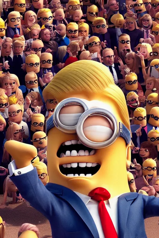 Image similar to trump with blond hair as a minion standing in front of a riot, pixar style, intricate, portrait, 8 k highly professionally detailed, hdr, cgsociety