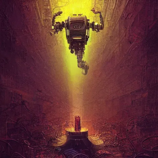 Image similar to low angle shot of a t A Robot With its head missing, gushing out oil from the hole, walking towards the viewer, neon color scheme, by Clive Barker , intricate, elegant, highly detailed, centered, digital painting, artstation, concept art, smooth, sharp focus, illustration, artgerm, Tomasz Alen Kopera, Peter Mohrbacher donato giancola, Joseph Christian Leyendecker, WLOP, Boris Vallejo.