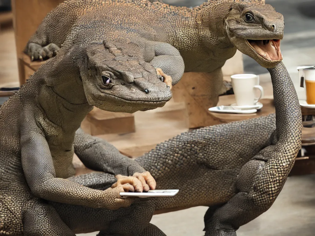 Image similar to photorealistic image of a humanoid komodo dragon sitting all alone in a cafe, drinking coffee while checking his messages on his ipad, ultra realisticepic digital art