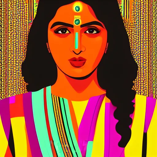 Image similar to a portrait of an indian woman, in retro colors, synthwave style, 2 d digital vector art