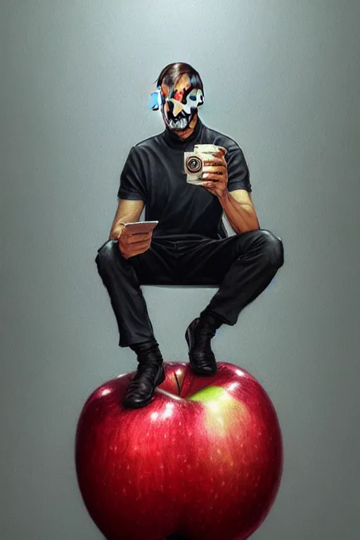 Image similar to ultra realistic illustration, steve jobs sitting on a giant apple, sci - fi, fantasy, intricate, elegant, highly detailed, digital painting, artstation, concept art, smooth, sharp focus, illustration, art by artgerm and greg rutkowski and alphonse mucha