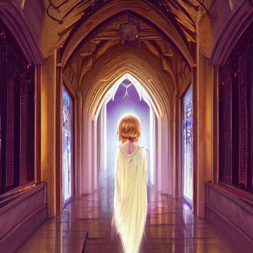 Prompt: angelic girl in intricate clothing walking a cathedralic hallway at night, very high detail, painting, digital anime art, medium shot, mid - shot, wlop, ilya kuvshinov, artgerm, krenz cushart, greg rutkowski, sana takeda