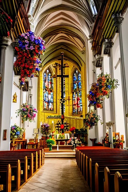 Prompt: photo inside a church full of flowers, ornate, highly detailed