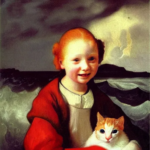 Image similar to oil painting of a young freckled redhead girl smiling and holding a scared kitten in a boat, in rough seas with large waves, dark clouds and lightning, depicted for a children\'s book, in the style of vermeer