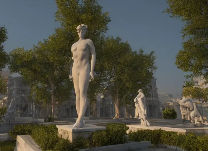 Image similar to a park with many marble statues, cinematic light, 8 k, unreal engine,