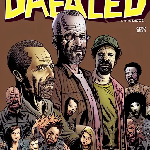 Image similar to “the walking dead comic cover featuring the cast of breaking bad in the style of Glenn Fabry.”