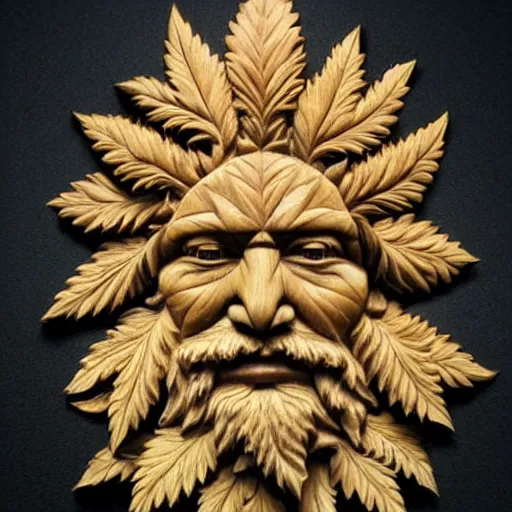 Image similar to highly detailed wood carving depicting the face of the green man, as if made of cannabis leaves