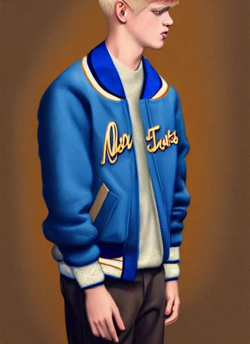 Image similar to portrait of a high school senior boy named moose mason, blonde short hair, jock, beefy, square jaw, square facial structure, 1 9 5 0 s, blue varsity jacket, intricate, elegant, glowing lights, highly detailed, digital painting, artstation, concept art, smooth, sharp focus, illustration, art by wlop, mars ravelo and greg rutkowski