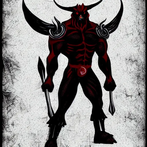 Prompt: intimidating cottagecore satanic demon warrior, muscular, dangerous, concept art, concept charakter