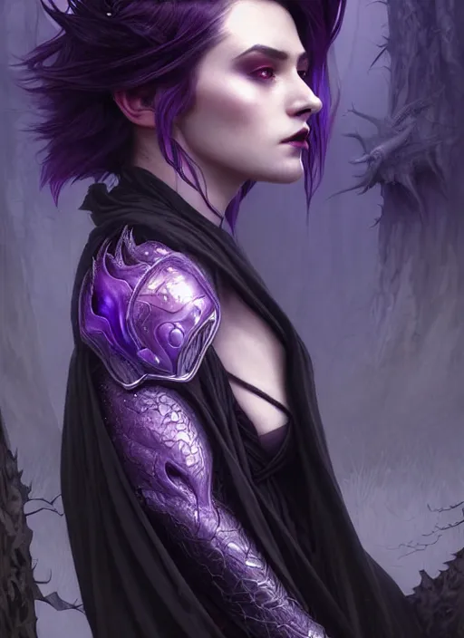 Image similar to side portrait dark witch, adventurer outfit large cloak, fantasy forest landscape, dragon scales, fantasy magic, undercut hairstyle, short purple black fade hair, dark light night, intricate, elegant, sharp focus, illustration, highly detailed, digital painting, concept art, matte, art by WLOP and Artgerm and Greg Rutkowski and Alphonse Mucha, masterpiece