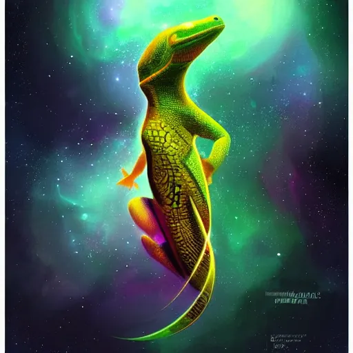 Prompt: geometric gecko with galaxy eyes in space, nebula in the background, intricate, elegant, highly detailed, digital painting, artstation, concept art, smooth, sharp focus, illustration, art by artgerm