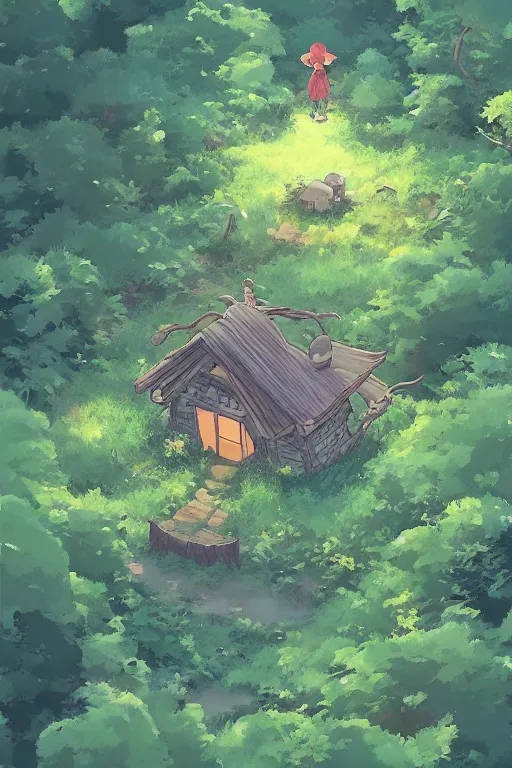 Prompt: a lonely witch's hut in a clearing in the forest on which a giant spaghetti monster is approaching, top view rule of thirds golden ratio, fake detail, trending pixiv fanbox, acrylic palette knife, style of makoto shinkai studio ghibli genshin impact james gilleard greg rutkowski chiho aoshima