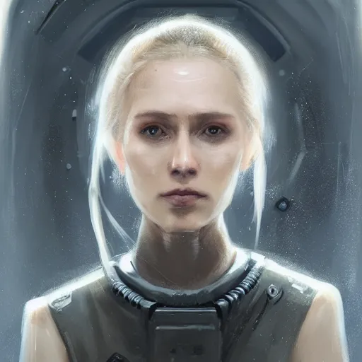 Image similar to portrait of a woman by greg rutkowski, she is about 3 0 years old, slavic, pretty, blond hair with two strans around her face, crying, helplessness and denial, she is wearing a futuristic space gear, highly detailed portrait, digital painting, artstation, concept art, smooth, sharp foccus ilustration, artstation hq.