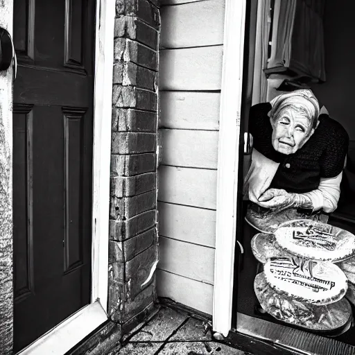 Prompt: Fisheye photo front door old woman selling cookies