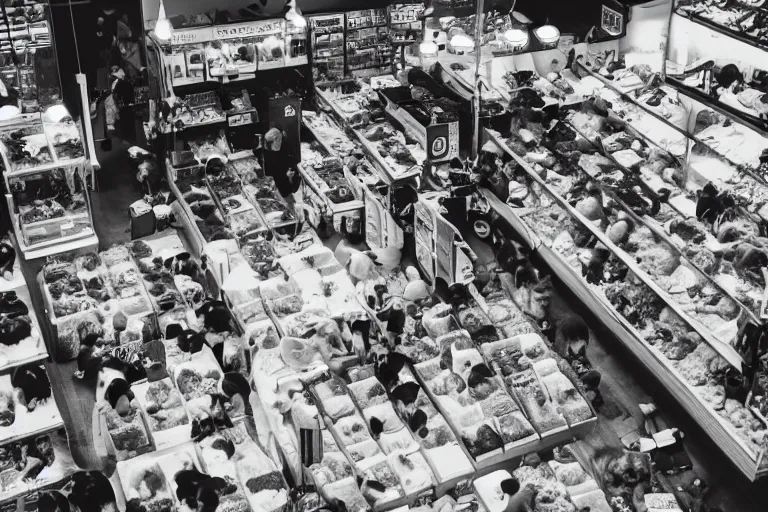 Image similar to overhead view, surveillance, black and white, a pet store with kittens sitting on the floor