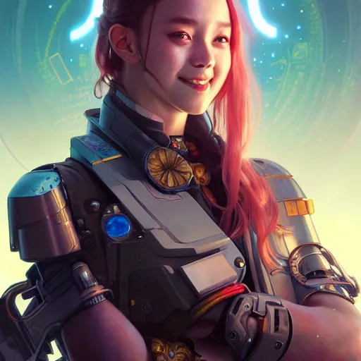 Image similar to portrait painting of cyberpunk chuu loona as a cheerful smiling mercenary, ultra realistic, concept art, intricate details, eerie, highly detailed, photorealistic, octane render, 8 k, unreal engine. art by artgerm and greg rutkowski and magali villeneuve and alphonse mucha