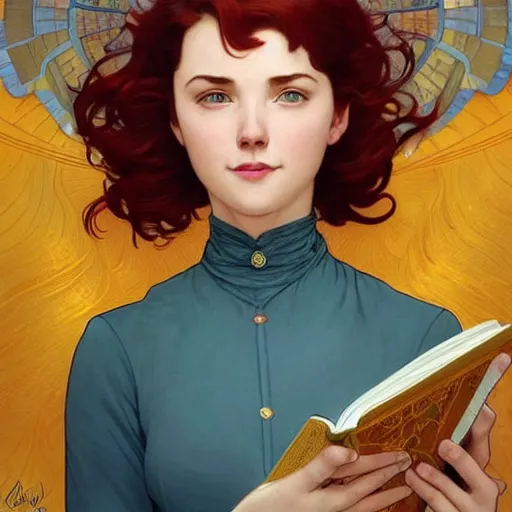 Image similar to a smiling beautiful woman with short red hair wearing a yellow dress and reading a book, blue eyes, masterpiece, intricate, elegant, highly detailed, digital painting, artstation, concept art, smooth, sharp focus, illustration, art by artgerm and greg rutkowski and alphonse mucha and uang guangjian and gil elvgren and sachin teng, symmetry!!