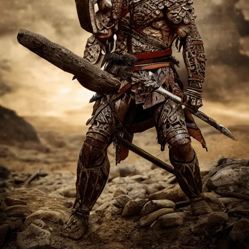 Prompt: muscular warrior with bark skin wearing intricate stone and wood armor, battlefield, highly detailed, dramatic lighting, cinematic, sci - fi, hyperrealistic, detailed