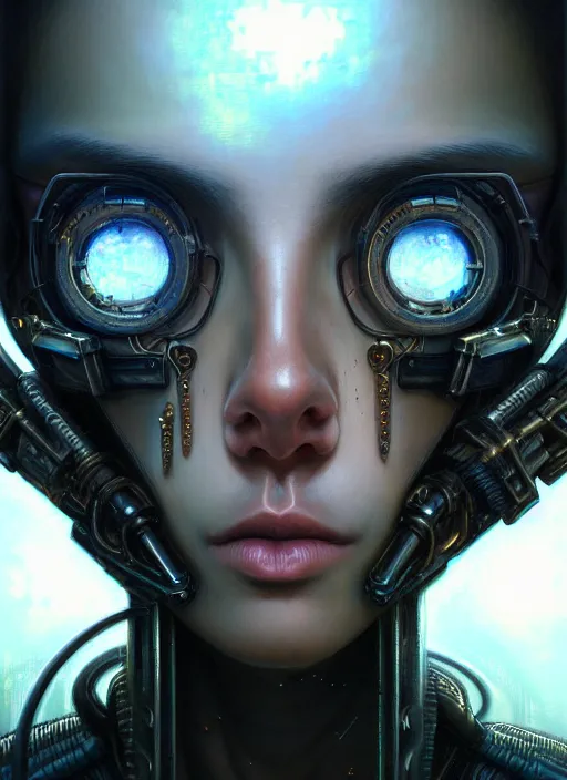 Prompt: closeup portrait shot of a cyberpunk teenager in a scenic dystopian environment, intricate, elegant, highly detailed, centered, digital painting, artstation, concept art, smooth, sharp focus, illustration, artgerm, tomasz alen kopera, peter mohrbacher, donato giancola, joseph christian leyendecker, wlop, boris vallejo