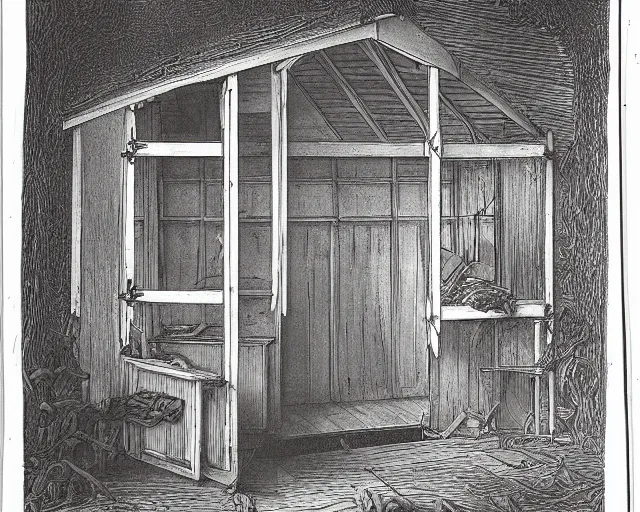 Image similar to IKEA catalogue photo of a shed, by Gustav Dore