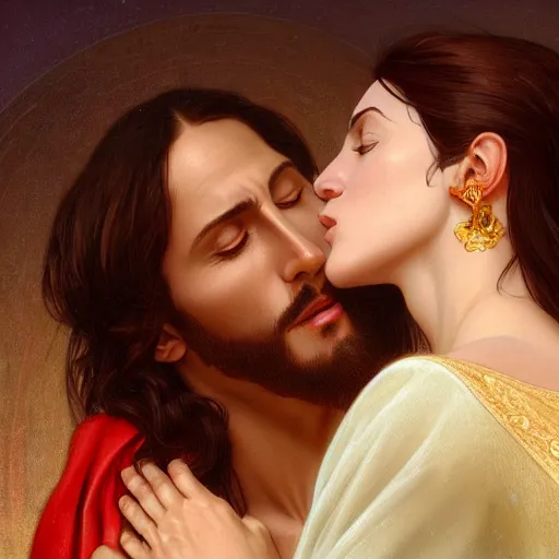 Image similar to jesus kissing a sensual woman in jerusalem, elegant, highly detailed, digital painting, artstation, concept art, matte, sharp focus, highly detailed, 4 k, hdr, smooth, sharp focus, high resolution, award - winning photo, photorealistic, art by artgerm and greg rutkowski and alphonse mucha, large shot