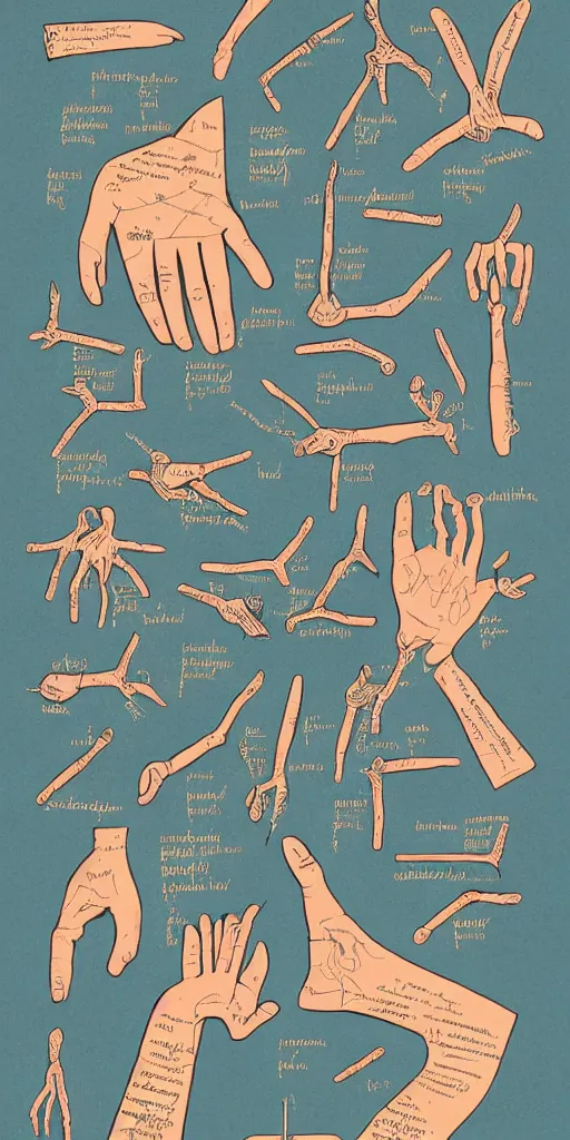 Image similar to anatomy of a hands, diagrams, map, marginalia, sketchbook, old script, inhabited initials, pastel infographic by Wes Anderson and victo ngai