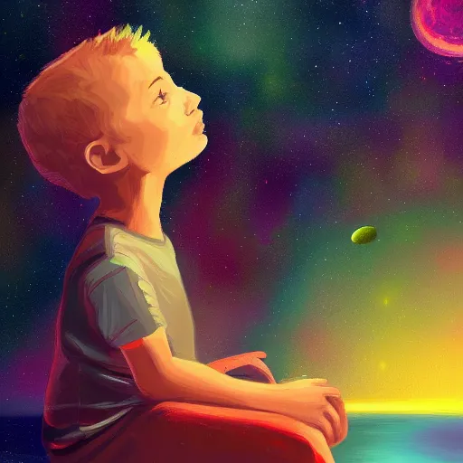 Image similar to a kid thinking of the universe, digital painting, elegant color palette