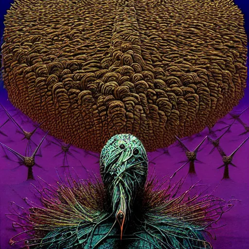 Image similar to horrifying mutant bird made of electricity fused with thousands of birds, thousand heads, mutilated, horror, blood, heavy damage, post apocalyptic, dystopian surrealism, patchwork of colours, zdzisław beksinski, sad atmosphere, volumetric light, style giger, alex ries, symmetry accurate features, symmetry accurate features, very intricate details, high resolution, intricate