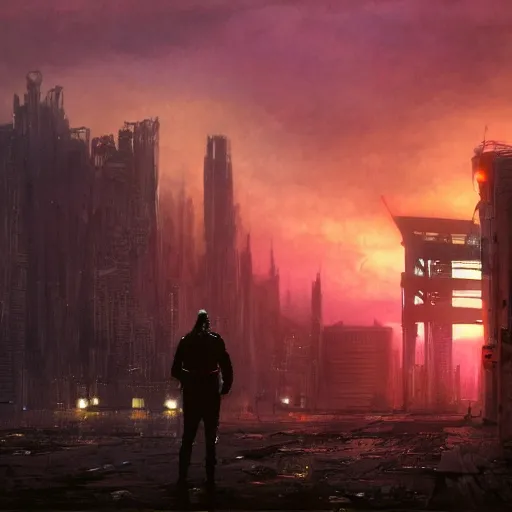 Image similar to wanderer with night vision goggles, dramatic light, sunset, sunrays, flying cars, cyberpunk city in the background, ruins, buildings, dystoptian, gorgeous view, depth, painted by Caspar David Friedrich, gateway, clouds, tending on artstation