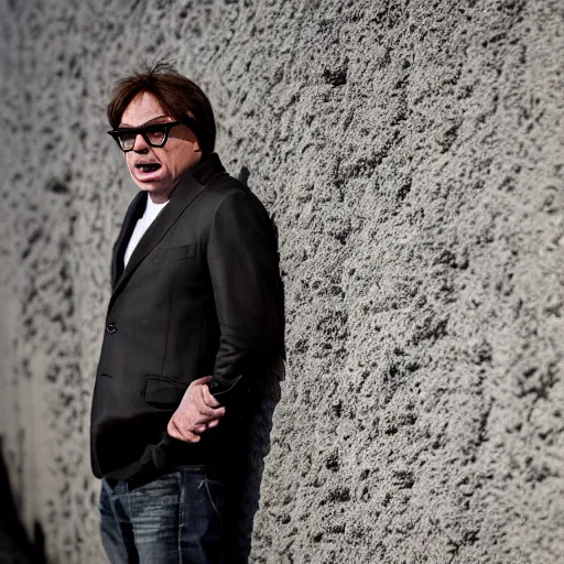 Image similar to Mike Myers (Actor/Comedian) gazing at the US-Mexican Wall, XF IQ4, f/1.4, ISO 200, 1/160s, 8K, RAW, unedited, symmetrical balance, in-frame