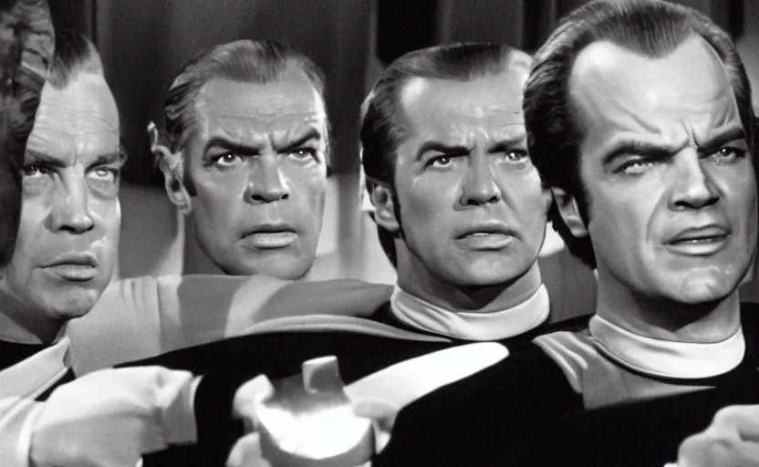 Image similar to a dramatic still from an episode of star trek. all characters are played by jack nicholson.