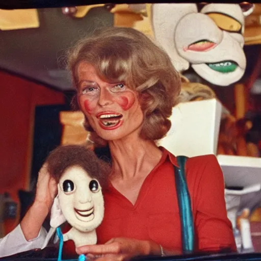 Image similar to archival photo of a woma and , a puppet that looks like Caspar the Friendly Ghost, in a sidewalk cafe, 16mm film soft color, earth tones and some primary colors 1976, archival footage, in style of doris wishman russ meyer, woman looks like lauren hutton