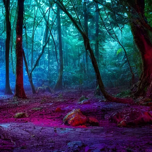 Image similar to a rainforest clearing at night softly lit by neon lights, dim lighting, leaves in foreground, HD, 8k, high resolution, photo,
