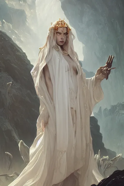 Image similar to pale priestess of the sacral moon full body portrait highly detailed, digital painting, artstation, concept art, smooth and sharp focus, illustration, art by tian zi and wlop and alphonse mucha