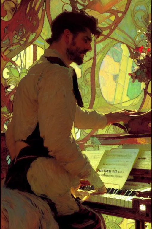 Image similar to attractive man playing piano, cool colors, painting by gaston bussiere, craig mullins, greg rutkowski, alphonse mucha